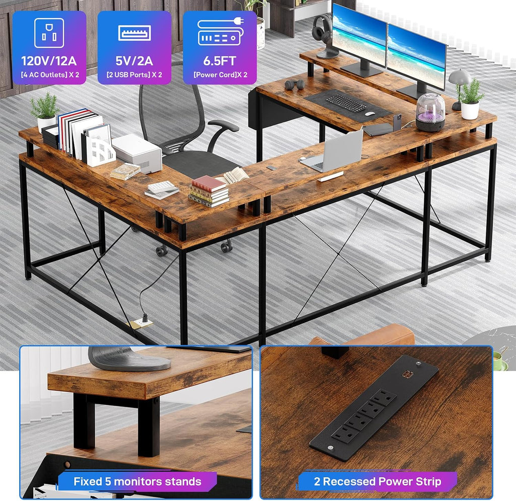 Garvee 79 Inch u Shaped Computer Desk,Large Gaming Desk with Power Outlets & LED Lights,Reversible l Shaped Desk for Home Office Work and Gaming,Rustic Brown