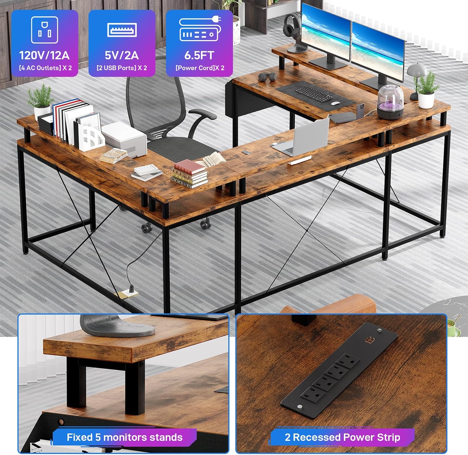 Garvee 79 Inch u Shaped Computer Desk,Large Gaming Desk with Power Outlets & LED Lights,Reversible l Shaped Desk for Home Office Work and Gaming,Rustic Brown