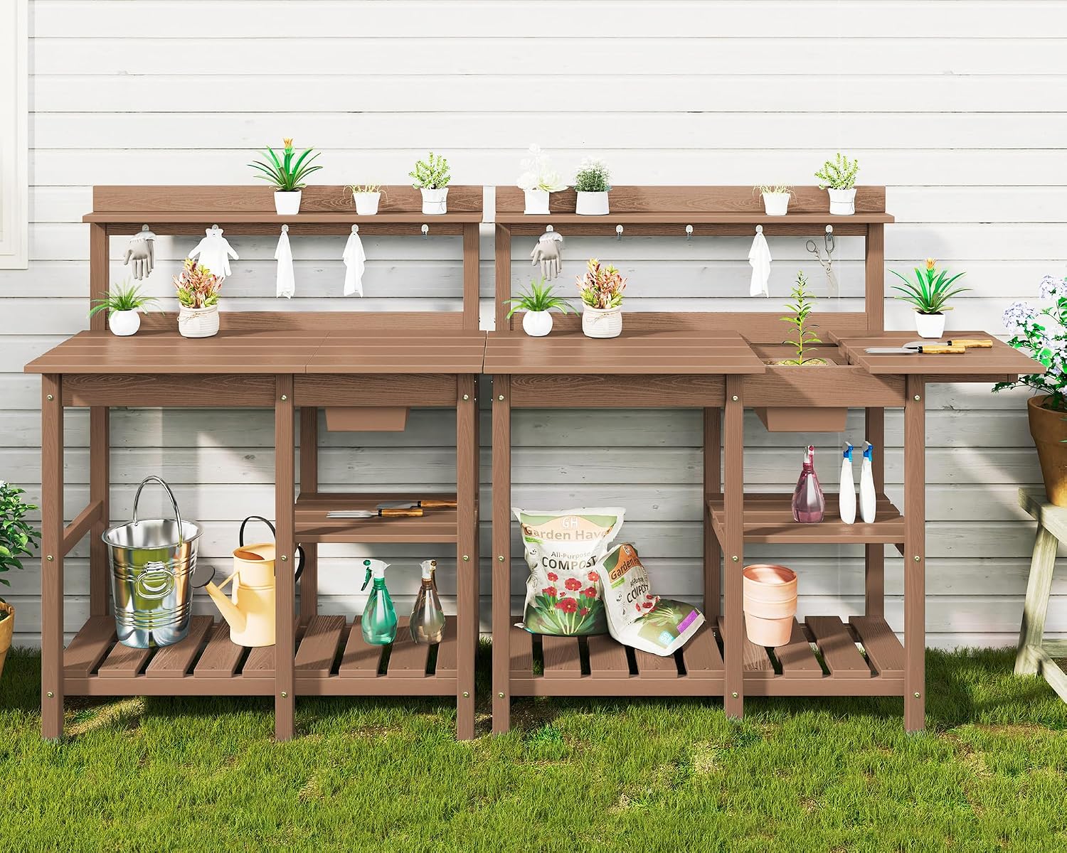 SERWALL Outdoor Potting Bench 2-Piece Set, Rot-Resistant HDPE Potting Table with Removable Sink for Outside Gardening, All-Weather Use - Brown