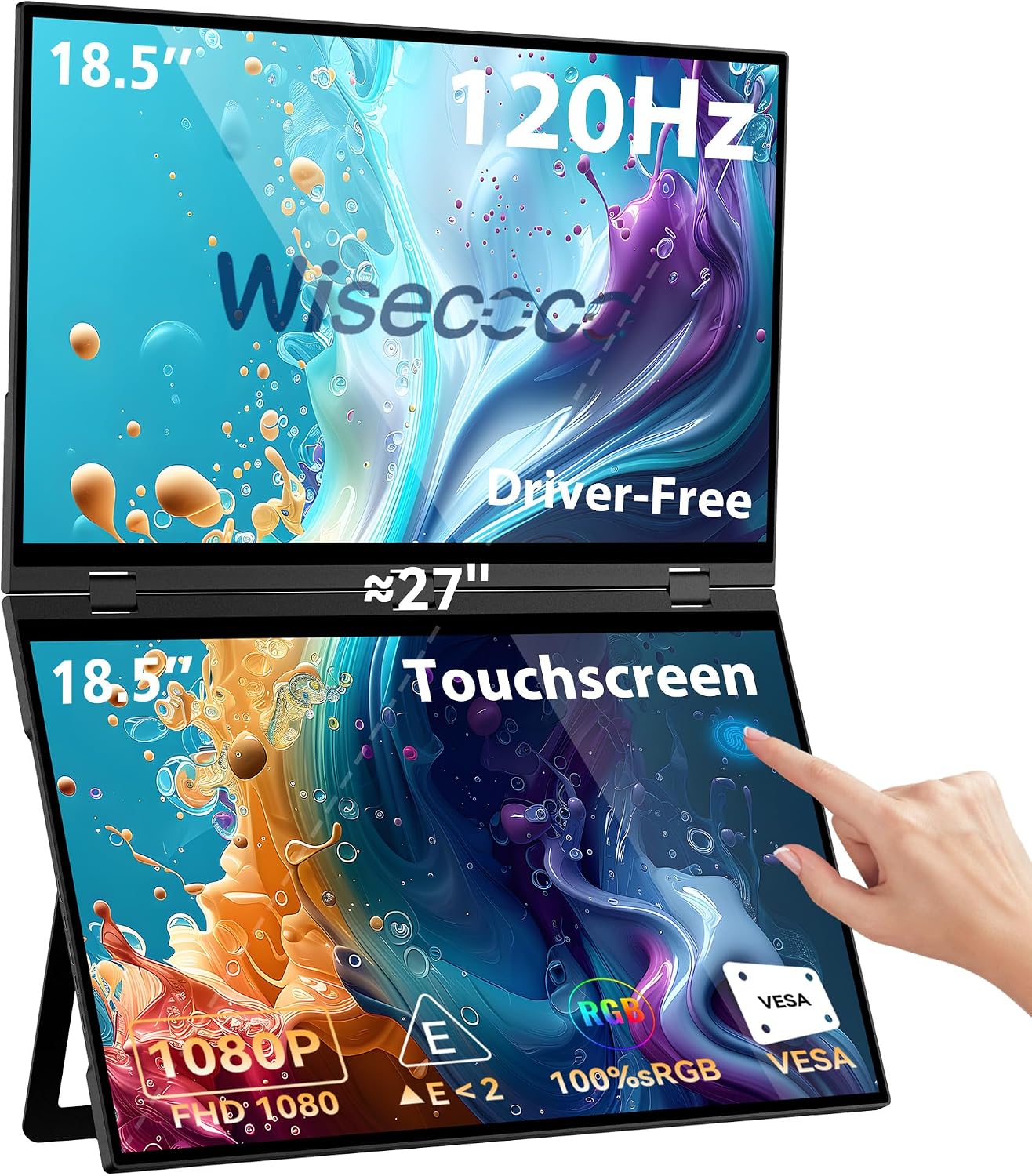 wisecoco 18.5'' 120Hz FHD 1080P Touch Screen Dual Triple Portable Monitor IPS USB-C HDMI HDR Secondary Display Foldable Laptop PC Gaming Monitor 100% sRGB Windows Mac Android Plug&Play Flip S8+