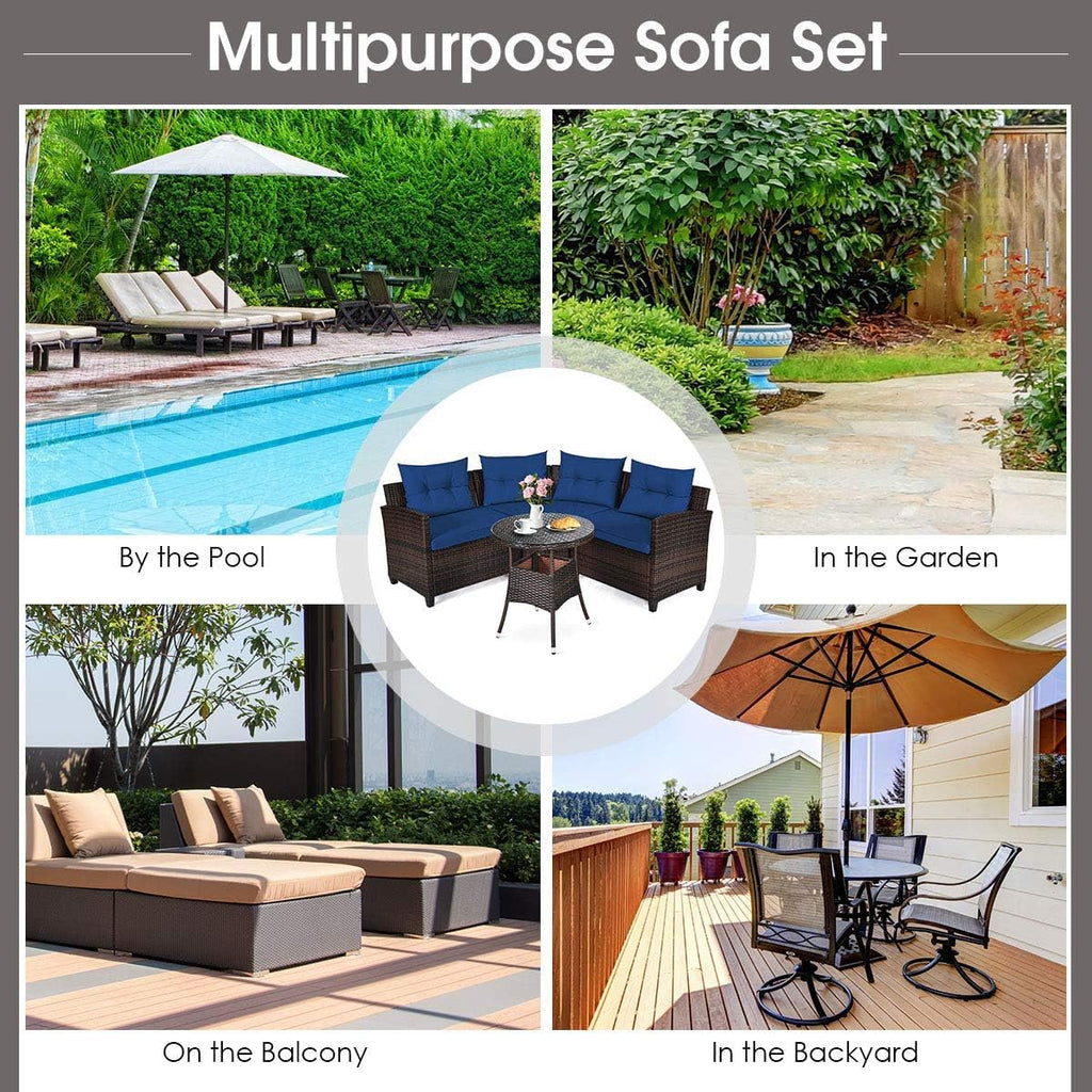 HAPPYGRILL 4 Pieces Rattan Patio Conversation Set, Outdoor Wicker Furniture Set with Cushioned Sofas and Coffee Table, L-Shape Sectional Curved Sofa Set for Garden Poolside Balcony