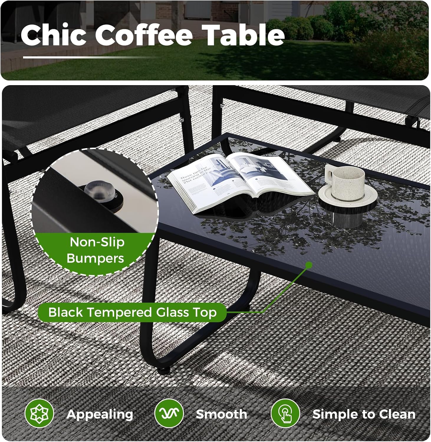 Tangkula 4 Piece Patio Furniture Set, Outdoor Metal Conversation Chair & Coffee Table Set with Mesh Seat Fabric & Tempered Glass Tabletop, Outside Bistro Set for Backyard, Porch, Poolside (1, Black)