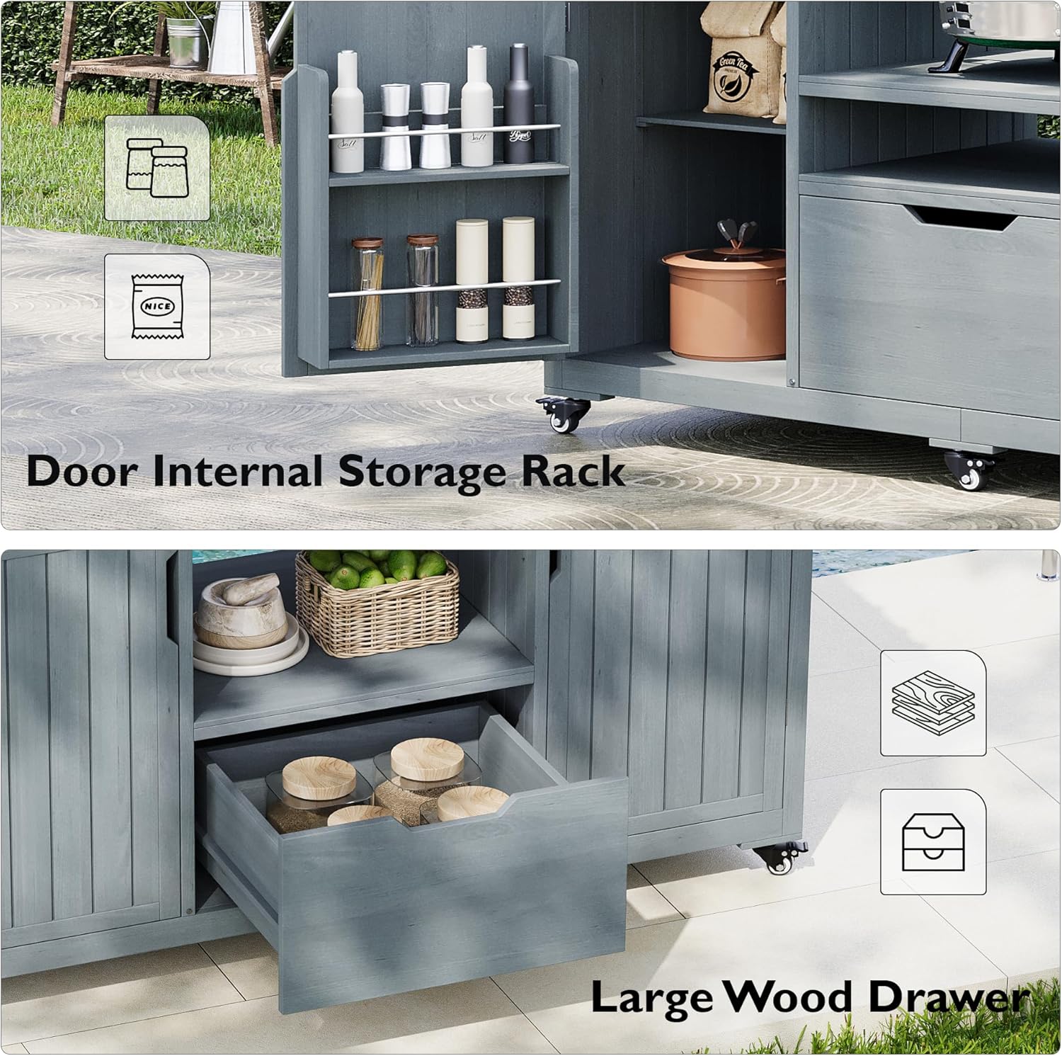 Merax 66.5' Outdoor Grill Table for Big Green Egg, Farmhouse Kitchen Island on Wheels with Stainless Steel Tabletop, Drawer and Spice Rack, Solid Wood Outdoor Storage Cabinet for Backyard, Grey Blue