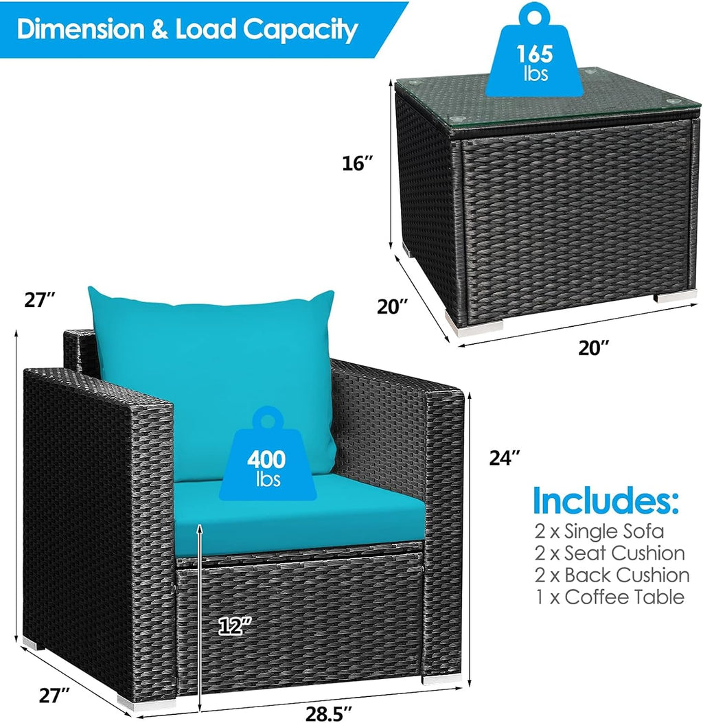 HAPPYGRILL 3 Pieces Rattan Patio Conversation Set, PE Wicker Patio Furniture Set with Coffee Table and Cushions, Outdoor Sofa Set for Garden Balcony Porch Poolside