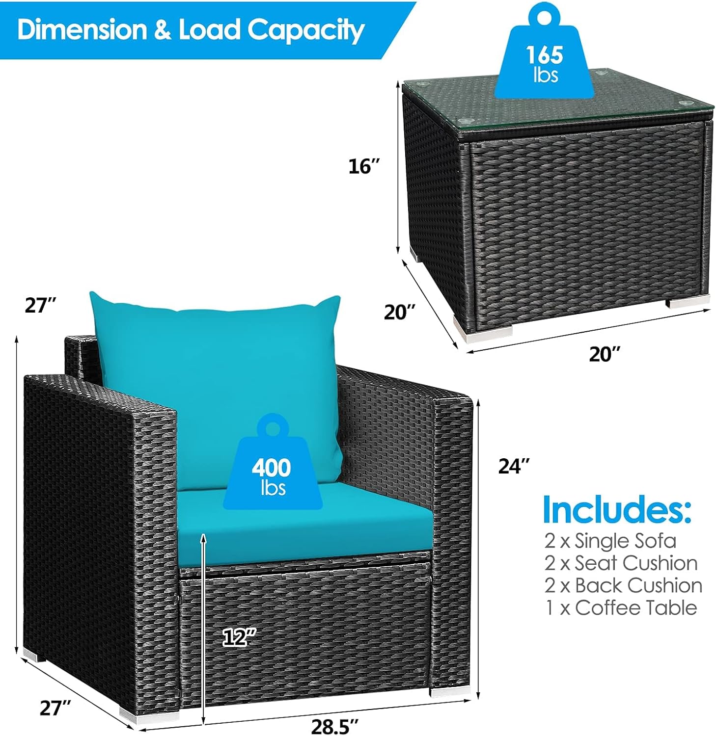 HAPPYGRILL 3 Pieces Rattan Patio Conversation Set, PE Wicker Patio Furniture Set with Coffee Table and Cushions, Outdoor Sofa Set for Garden Balcony Porch Poolside
