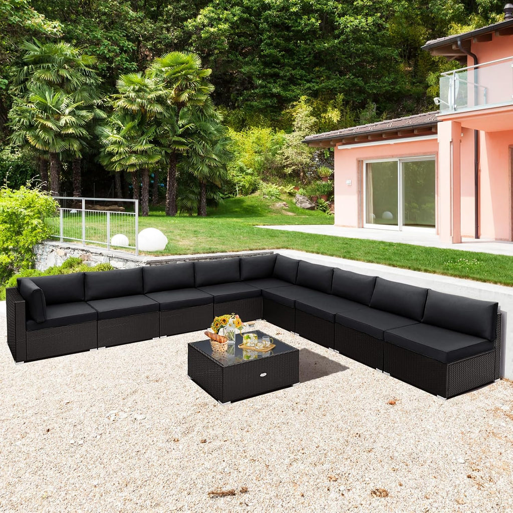 Tangkula 10 Piece Patio Sofa Set, Patiojoy Outdoor Wicker Conversation Set with Seat & Back Cushions, Tempered Glass Tabletop, Sofa Fastener Clips Included, Rattan Furniture Set for Backyard, Poolside