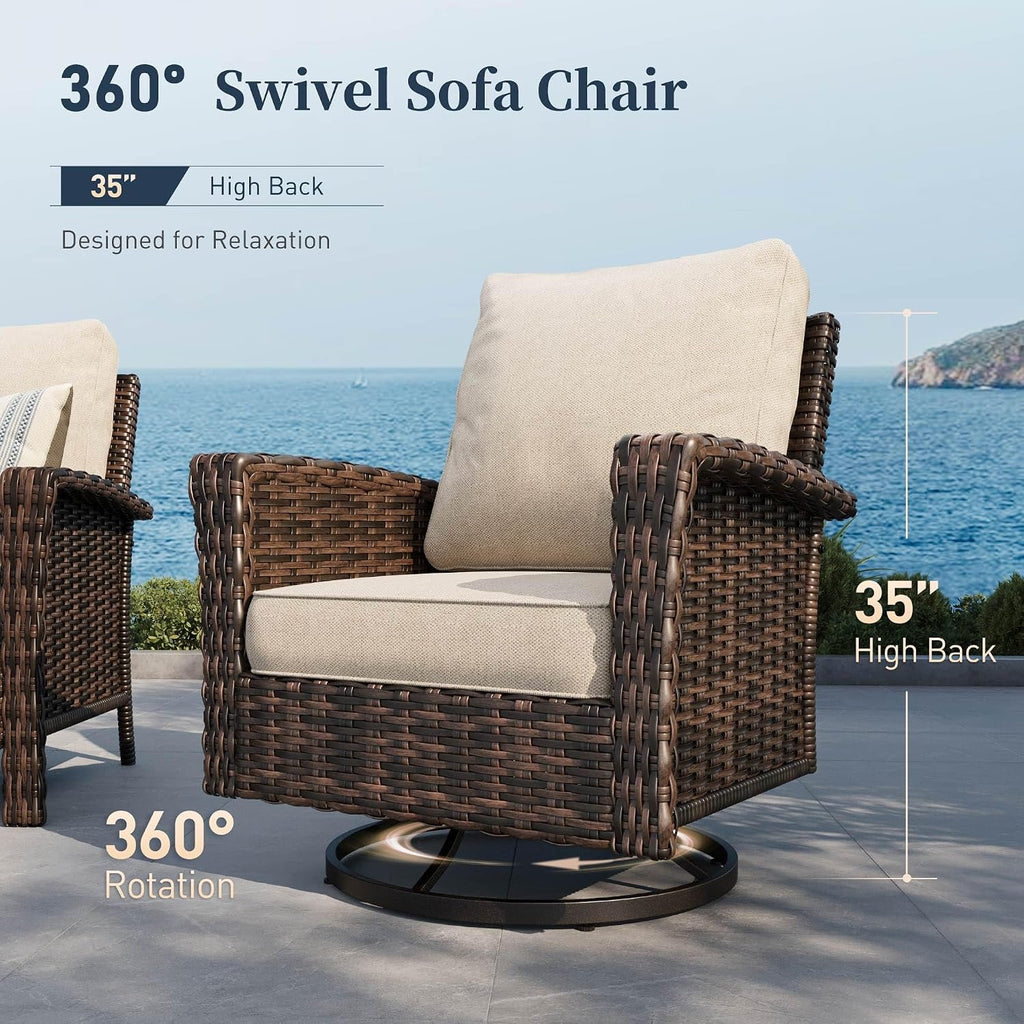 SUNSHINE VALLEY Patio Wicker Swivel Chairs Set of 2, Outdoor High Back Chairs with 5.5' Waterproof Cushions, Outdoor Furniture Set for Deck Porch and Yard, Beige
