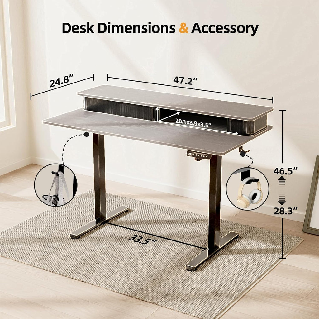 JOY worker Height Adjustable Electric Standing Desk with Storage Shelves, 48 Inch Table with Built-in Monitor Stand, Sit Stand Desk with 2 Hooks for Home Office, Grey Desktop & Black Frame