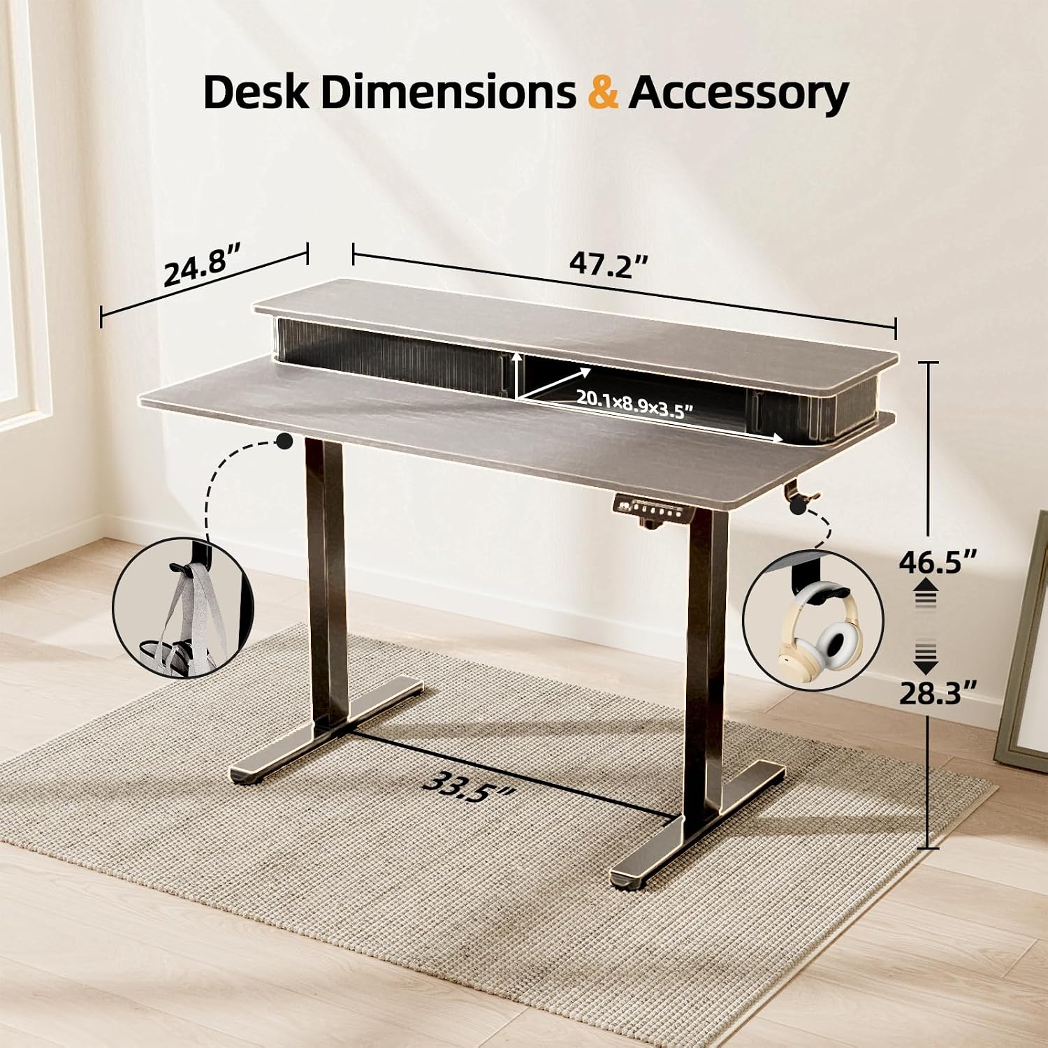 JOY worker Height Adjustable Electric Standing Desk with Storage Shelves, 48 Inch Table with Built-in Monitor Stand, Sit Stand Desk with 2 Hooks for Home Office, Grey Desktop & Black Frame