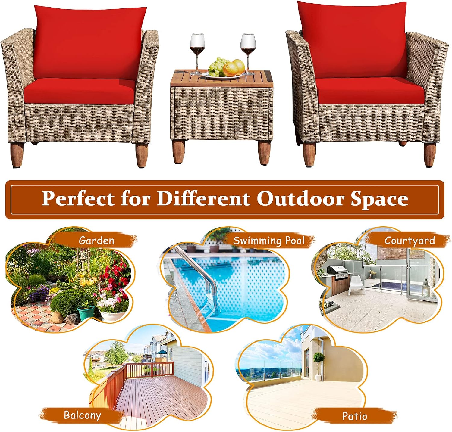 Tangkula 3 Piece Patio Furniture Set, Outdoor Wicker Rattan Bistro Sofa Set w/Washable Cushion, Acacia Wood Top Coffee Table, Conversation Set w/Adjustable Feet for Balcony Backyard Porch (Red)