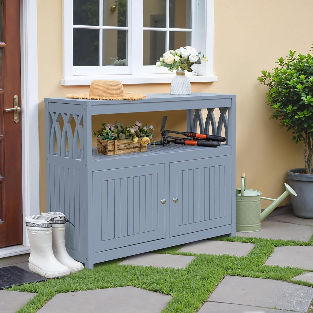 Devoko Acacia Wood Patio Cabinet with 2 Magnetic Doors and Shelve for Outdoor Storage, TV Stand, Potting Table (Gray)