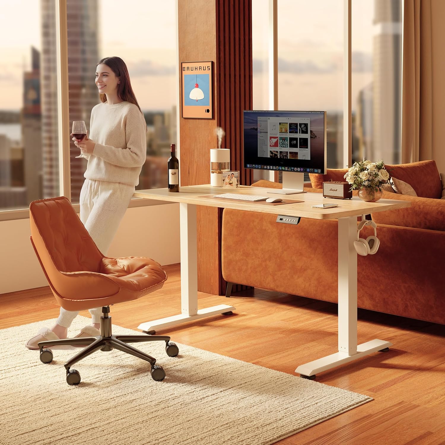 FEZIBO 40 x 24 Inchs Electric Standing Desk, Height Adjustable, Sit Stand Up, Computer Office Desk with Splice Board, White Frame/Maple Top