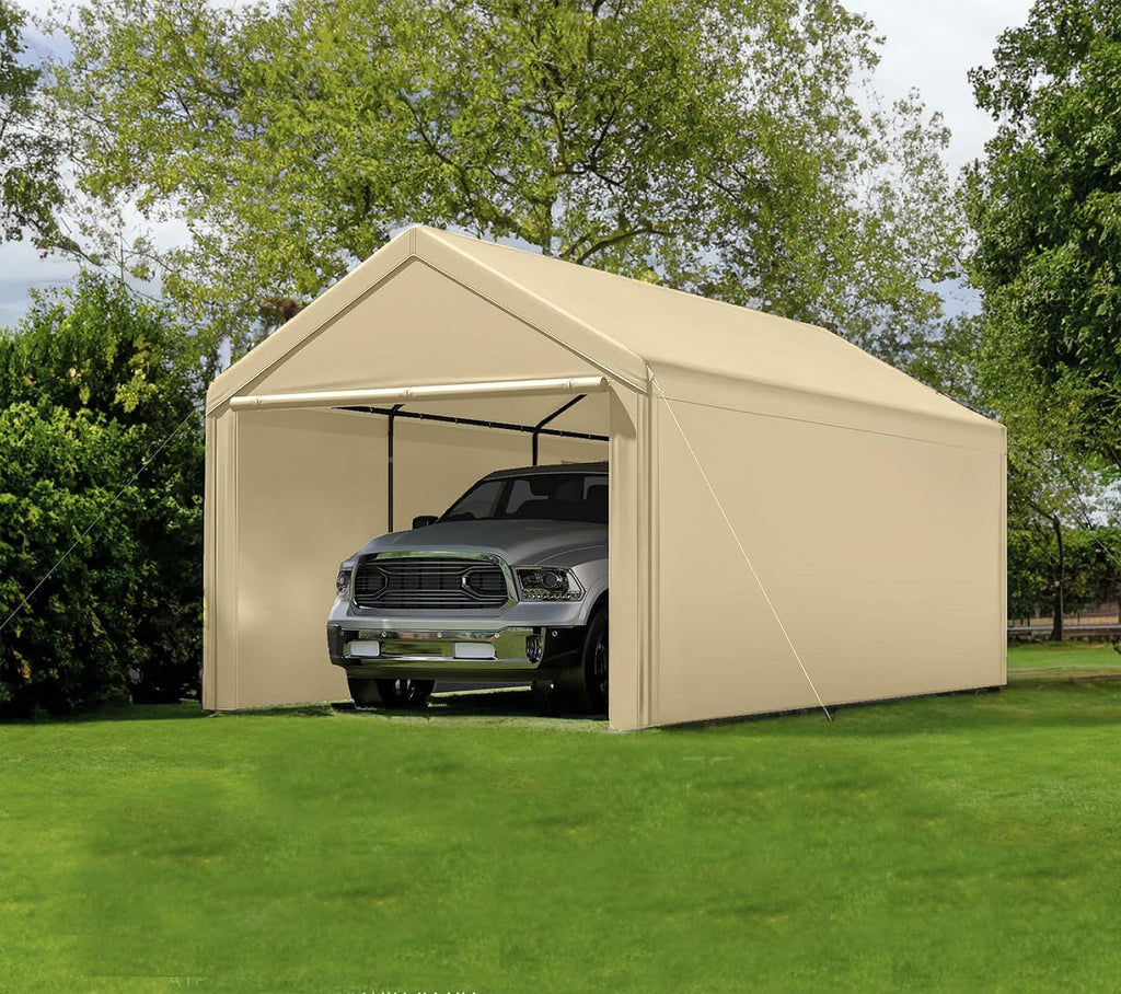 Carport 10x20 Ft Heavy Duty Canopy Steel Canopy Storage Shed,Portable Garage Party Tent,Portable Garage with Removable Sidewalls & Doors All-Season Tarp for Carport (Beige)