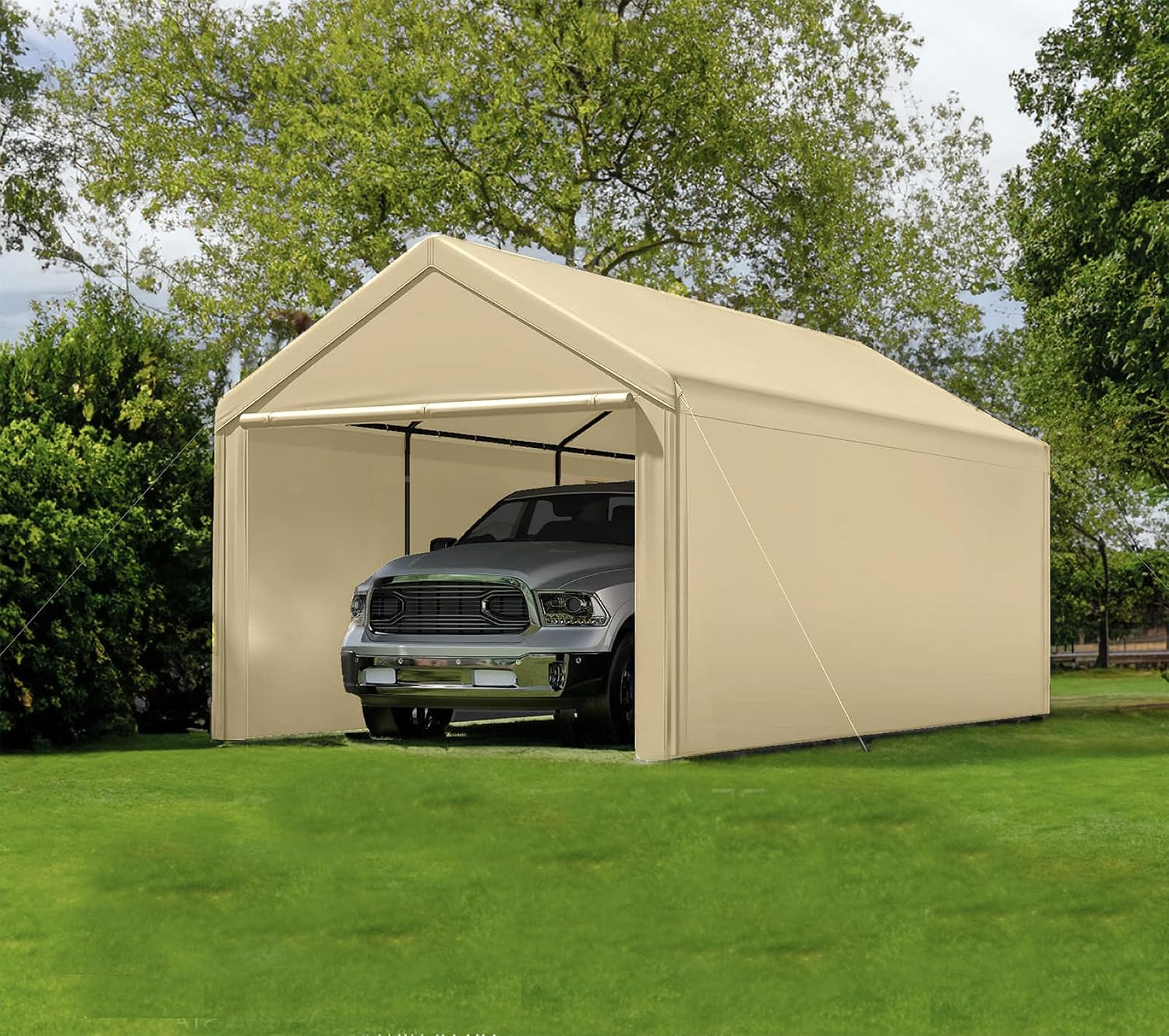 Carport 10x20 Ft Heavy Duty Canopy Steel Canopy Storage Shed,Portable Garage Party Tent,Portable Garage with Removable Sidewalls & Doors All-Season Tarp for Carport (Beige)