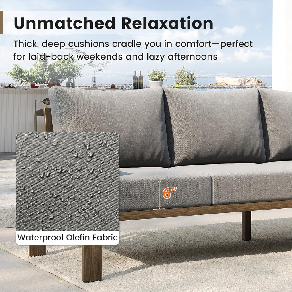 UDPATIO 6 Piece Patio Furniture Set, Faux Wood Metal Outdoor Sectional Sofa with 6' Thick Olefin Cushions, Wide Armrest & Coffee Table, L Shaped Outdoor Furniture for Garden, Backyard Dark Grey