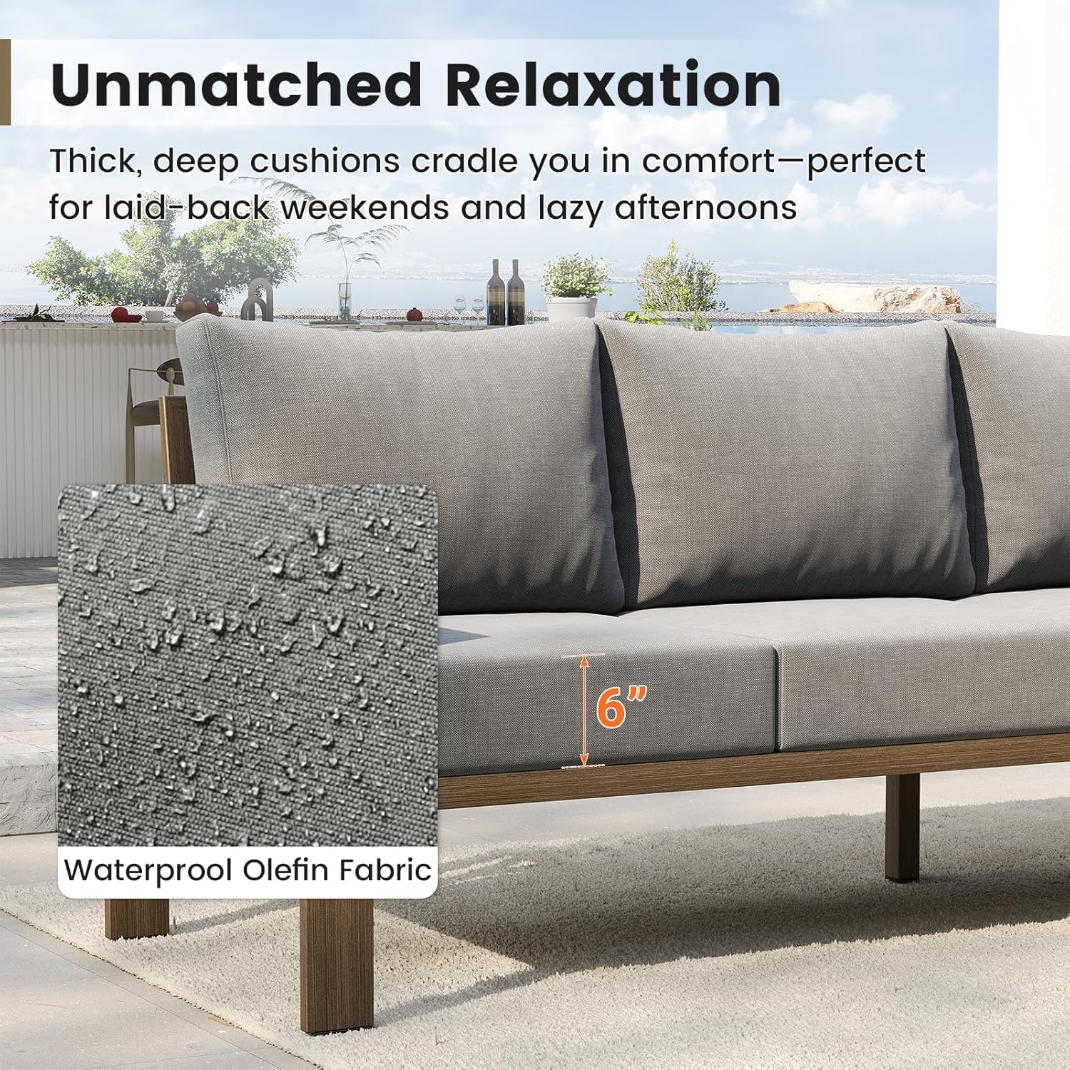 UDPATIO 6 Piece Patio Furniture Set, Faux Wood Metal Outdoor Sectional Sofa with 6' Thick Olefin Cushions, Wide Armrest & Coffee Table, L Shaped Outdoor Furniture for Garden, Backyard Dark Grey