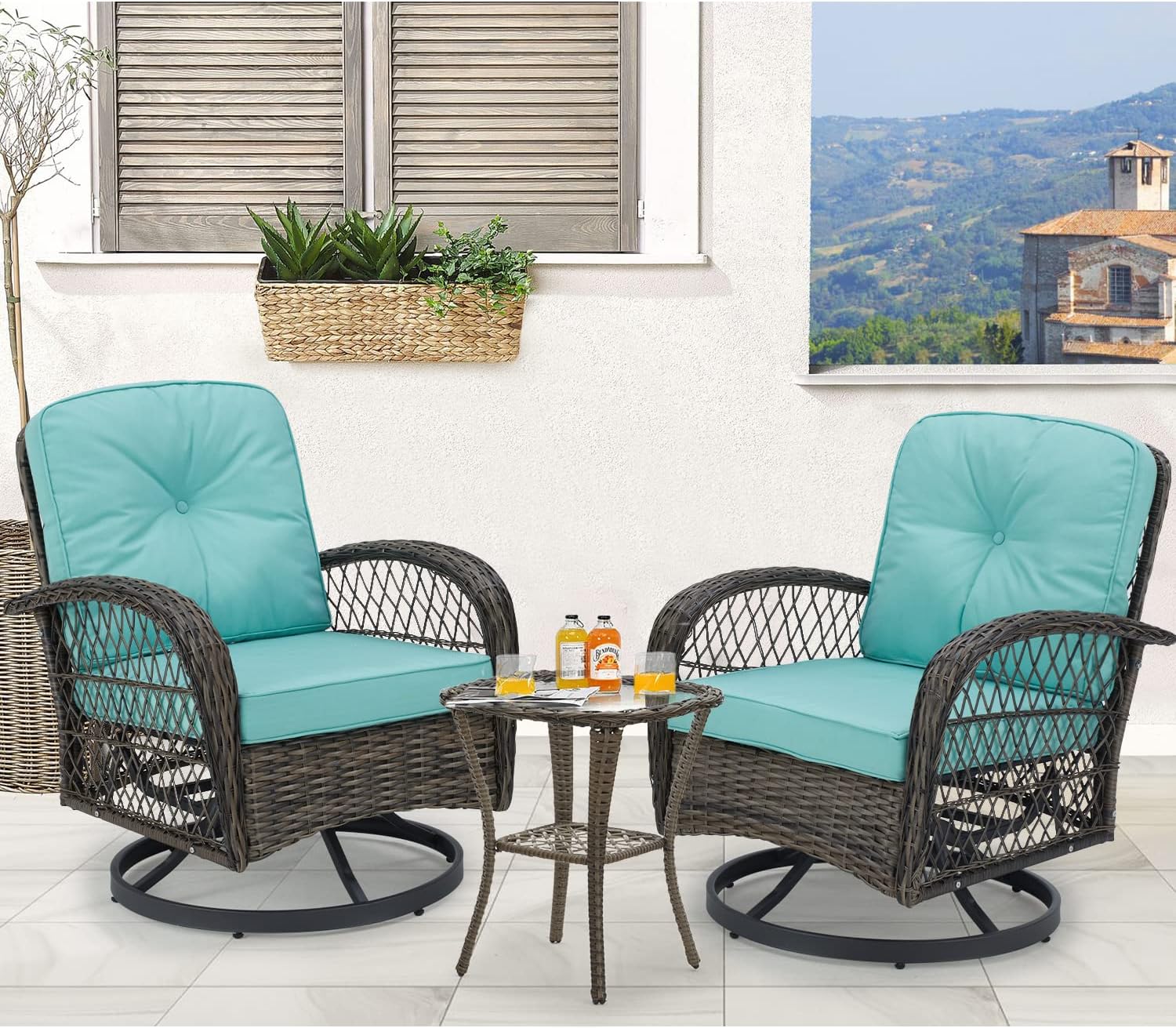 MELLCOM 3 Pieces Patio Furniture Set, Outdoor Swivel Rocker Patio Chairs, Wicker Patio Bistro Set with Rocking Chair, Thickened Cushions and Glass Coffee Table for Backyard, Garden, Peacock Blue