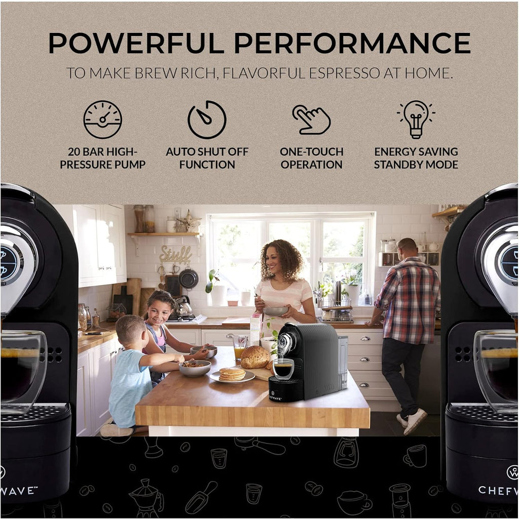ChefWave Espresso Machine Compatible with Nespresso Capsules (Black) with Capsule Holder, and 2 Glass Cups Bundle with Handheld Milk Frother (2 items)