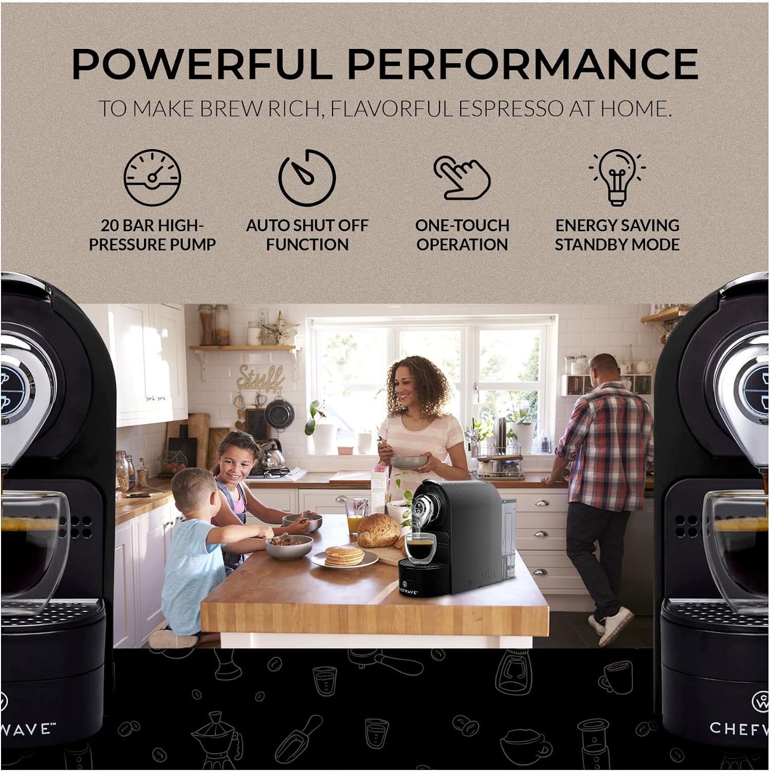 ChefWave Espresso Machine Compatible with Nespresso Capsules (Black) with Capsule Holder, and 2 Glass Cups Bundle with Handheld Milk Frother (2 items)
