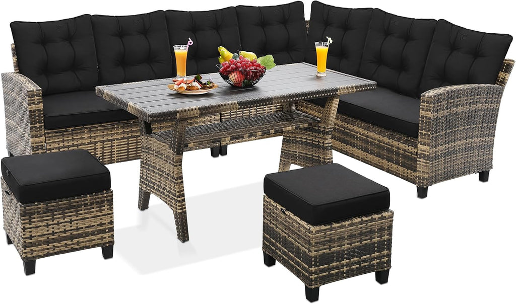 KROFEM 6-Piece Patio Furniture Set, Outdoor Sectional Sofa with Dining Table & Chairs, All-Weather Dining Set with Removable Cushion Covers, Ideal for Garden, Porch, Backyard, Black