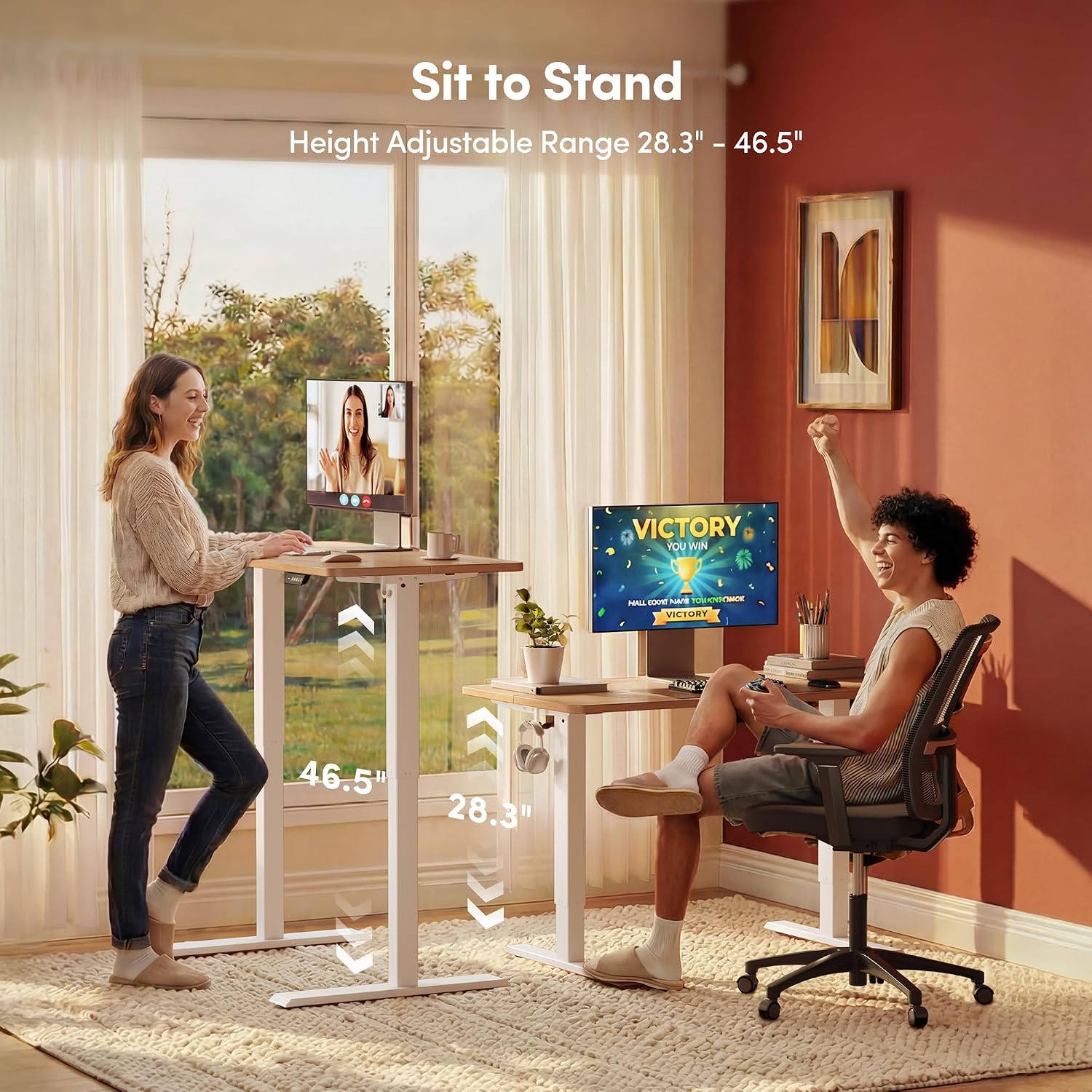 FEZIBO 40 x 24 Inchs Electric Standing Desk, Height Adjustable, Sit Stand Up, Computer Office Desk with Splice Board, White Frame/Maple Top