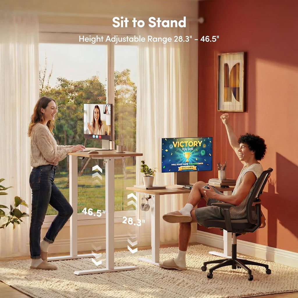 FEZIBO 55 x 24 Inchs Electric Standing Desk, Height Adjustable, Sit Stand Up, Computer Office Desk with Splice Board, White Frame/Maple Top