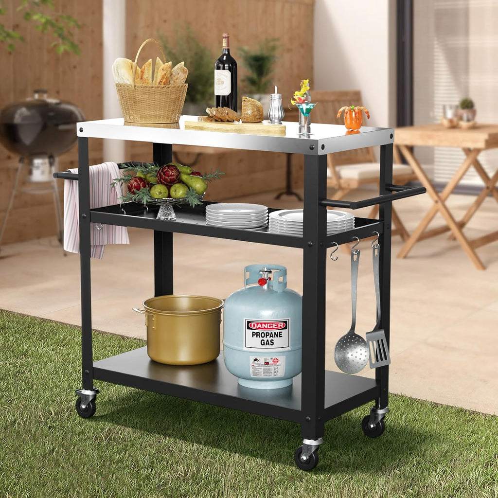 Nessxa Outdoor Grill Cart with Three-Shelf, Stainless Steel Pizza Oven Table for Outside, Dining Kitchen Cart with Two Side Handle, Garden Patio BBQ Kitchen Food Prep Table Cart (Black)