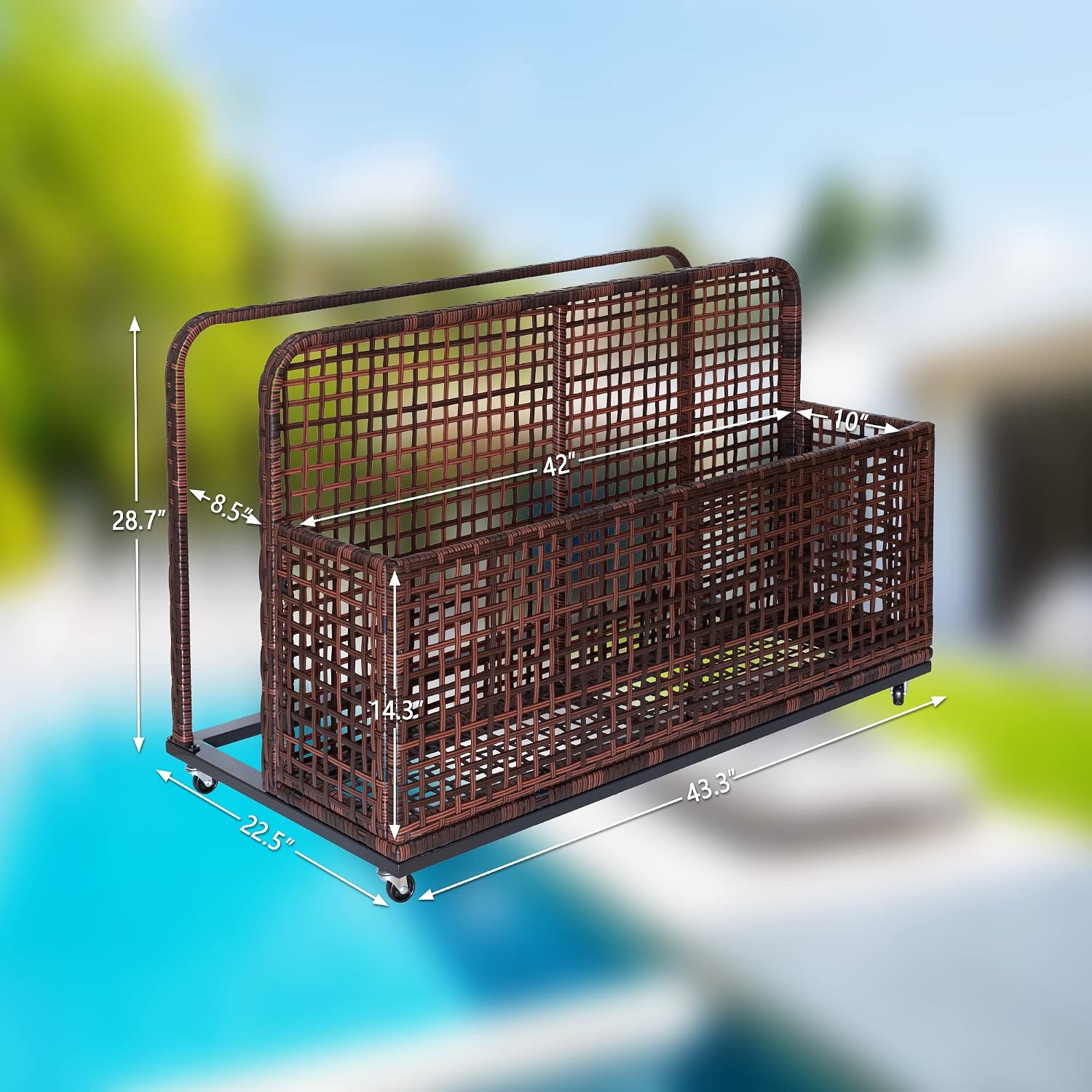 Pool Float Storage, Outdoor Storage, Patio Poolside Float Storage Box, PE Rattan Outdoor Pool Caddy with Rolling Wheels, Floaties, Patio,Beach-Sturdy & Movable