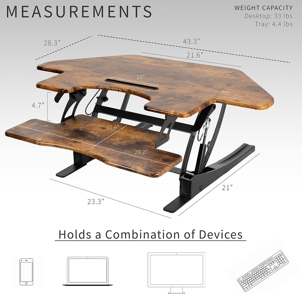 VIVO 43 inch Corner Height Adjustable Cubicle Stand Up Desk Converter, V Series, Quick Sit to Stand Tabletop Dual Monitor Riser Workstation, Rustic Vintage Brown, DESK-V000VCN