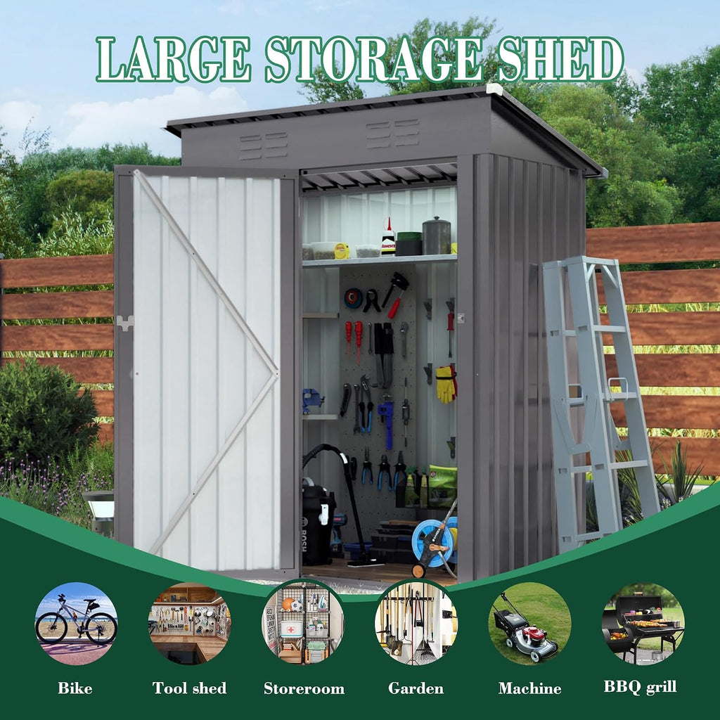 Outdoor Storage Shed 5x3x6FT Pitched Roof, Galvanized Steel Garden Shed with Lockable Door & Window, Waterproof Metal Tool Storage for Garden, Backyard, Patio, Lawn