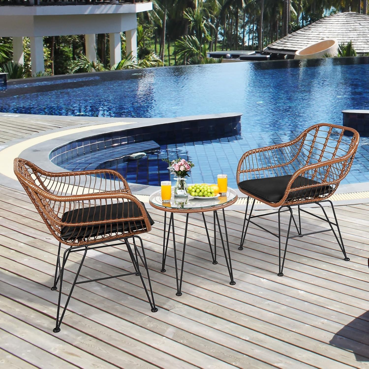 COSTWAY 3 Pieces Patio Bistro Set, Outdoor Rattan Conversation Seating Chair Set with Coffee Table & Soft Cushions, Indoor Wicker Furniture Set for Garden, Balcony, Porch, Pool, Black