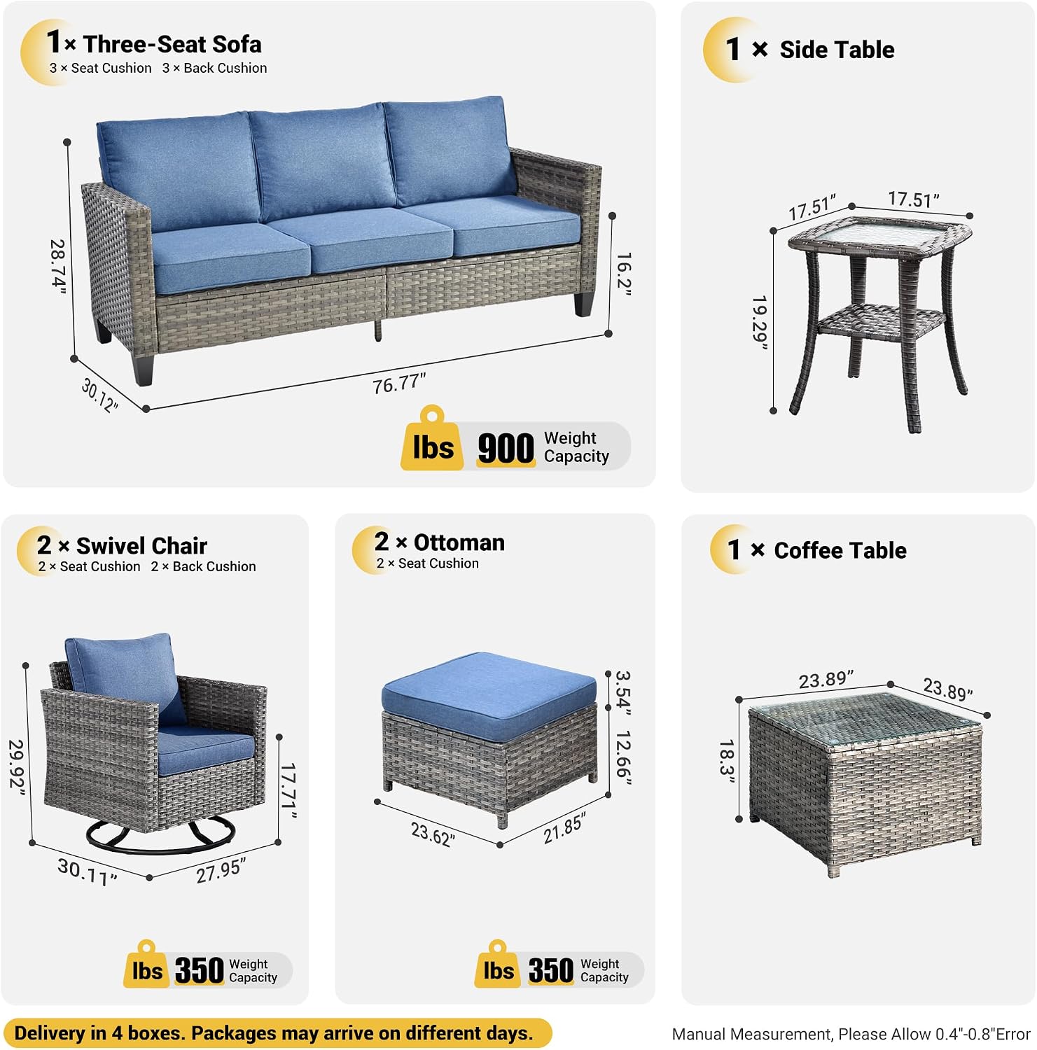 ovios 7 Pieces Patio Furniture Set, Outdoor Wicker Rattan Sofa Couch with Swivel Glider Chairs Glass Table Comfy Cushions Modern Conversation Set for Backyard Porch, Denim Blue