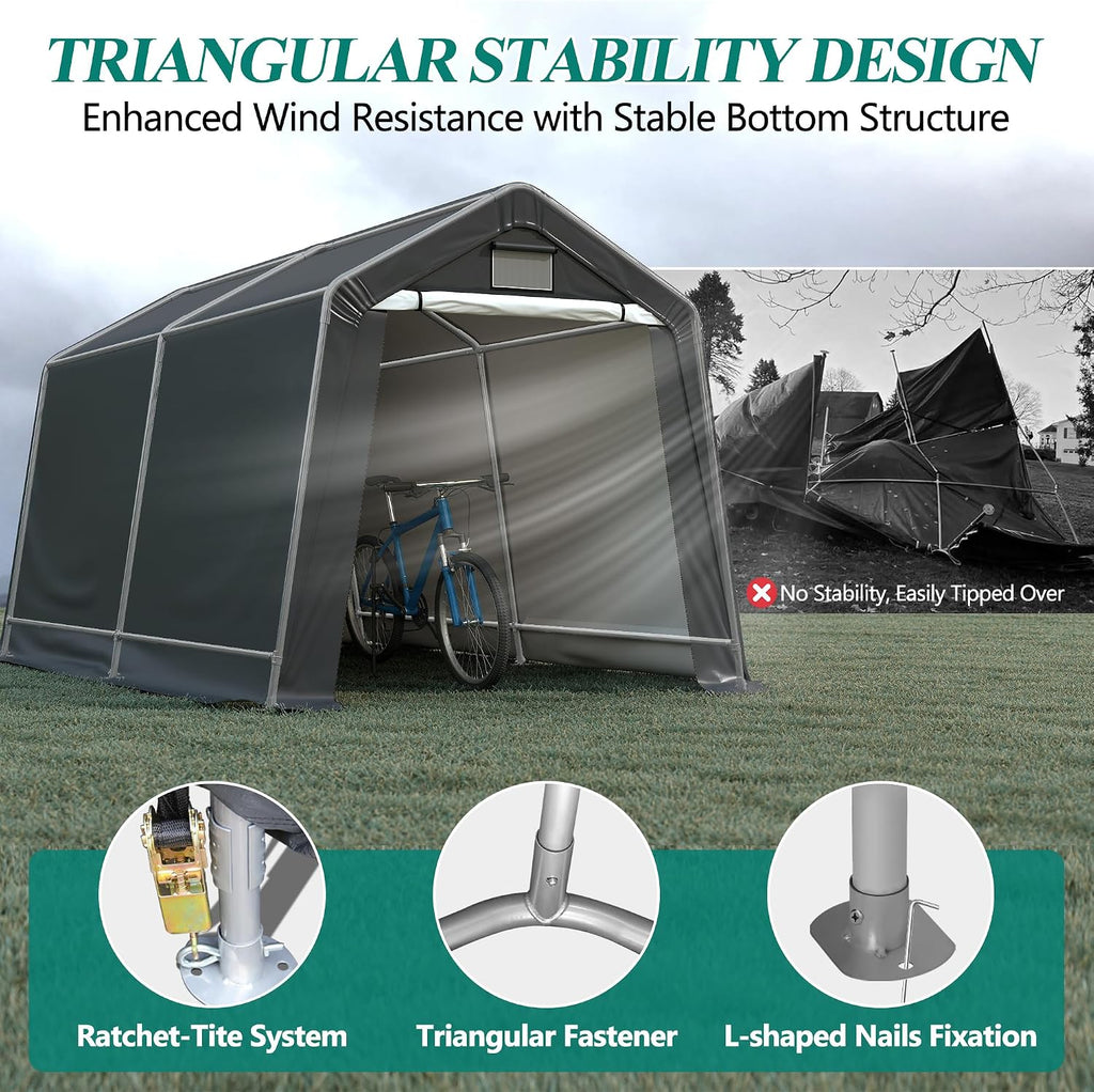GARTOO 8' x 14' Outdoor Storage Shelter Shed- Heavy Duty Storage Tent with Roll-up Ventilated Windows, Portable Garage Zipper Storage shed for Bike, ATV, Motorcycle Shelter, Gray
