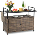 Wicker Outdoor Bar Cart - Brown Patio Console Table Buffet Storage Cabinet Serving Kitchen Cart with Wheels for Outside Backyard