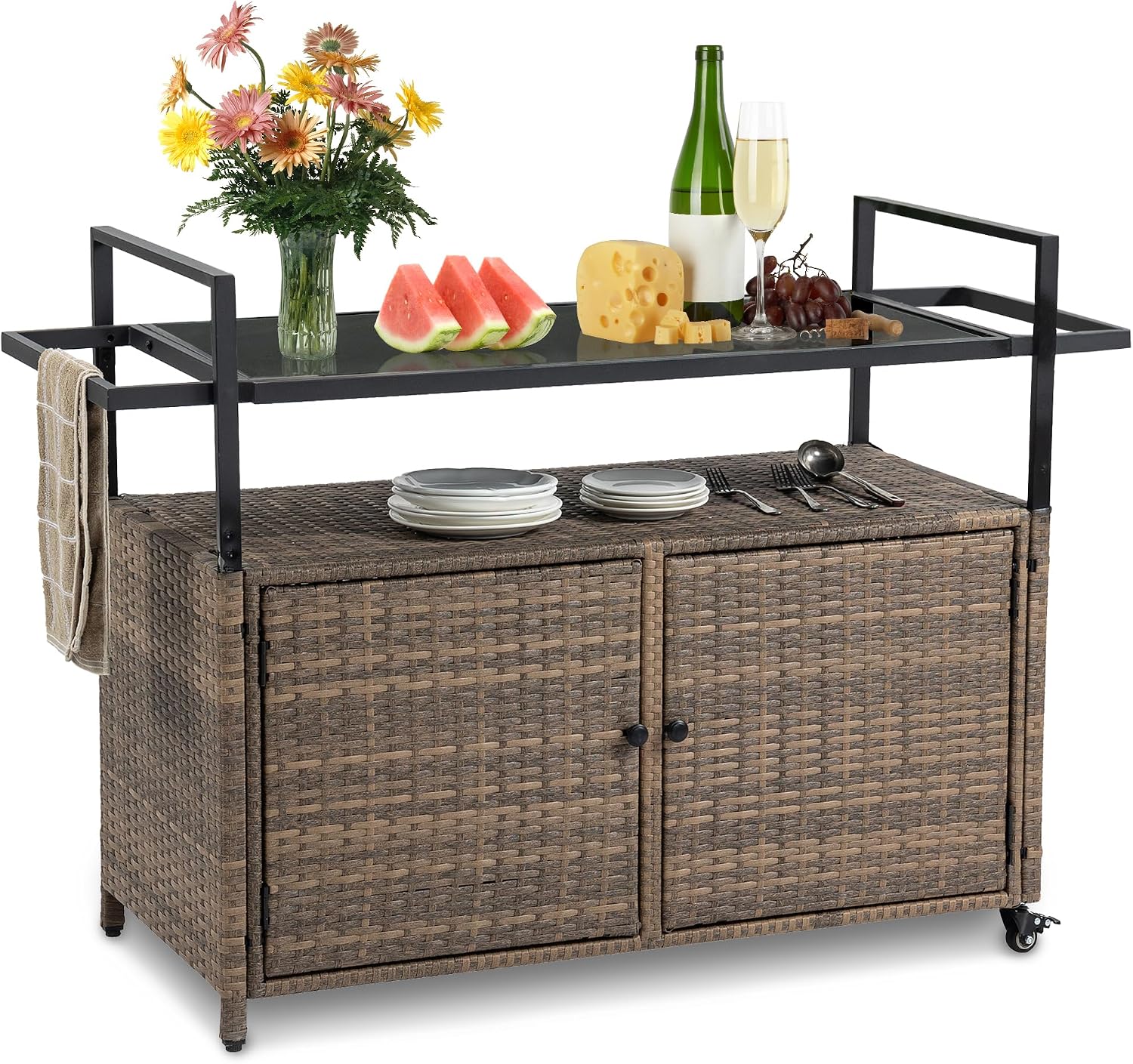 Wicker Outdoor Bar Cart - Brown Patio Console Table Buffet Storage Cabinet Serving Kitchen Cart with Wheels for Outside Backyard