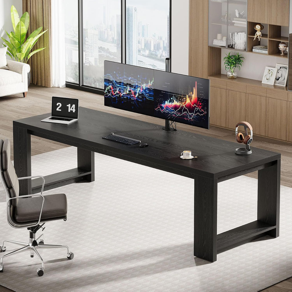 Tribesigns Two Person Desk, 86.6 Inch Extra Long Desk, Double Computer Writing Table, Wood Office Desks Workstation for Home Office, Black