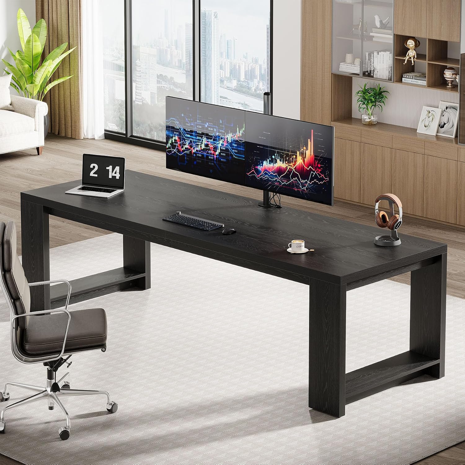 Tribesigns Two Person Desk, 86.6 Inch Extra Long Desk, Double Computer Writing Table, Wood Office Desks Workstation for Home Office, Black