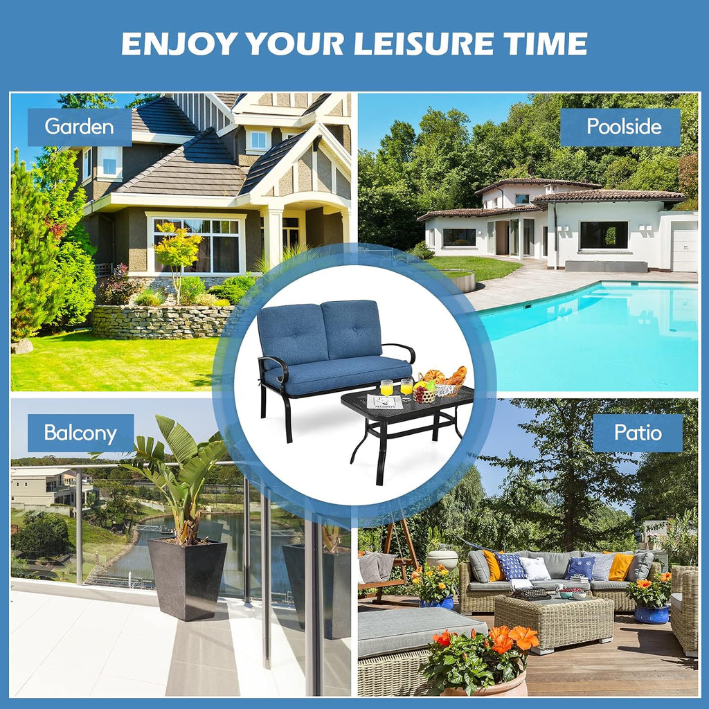 Giantex 2 Pcs Patio Loveseat with Coffee Table Outdoor Bench with Cushion and Metal Frame, Loveseat Furniture Set Sofa for Garden, Yard, Patio or Poolside