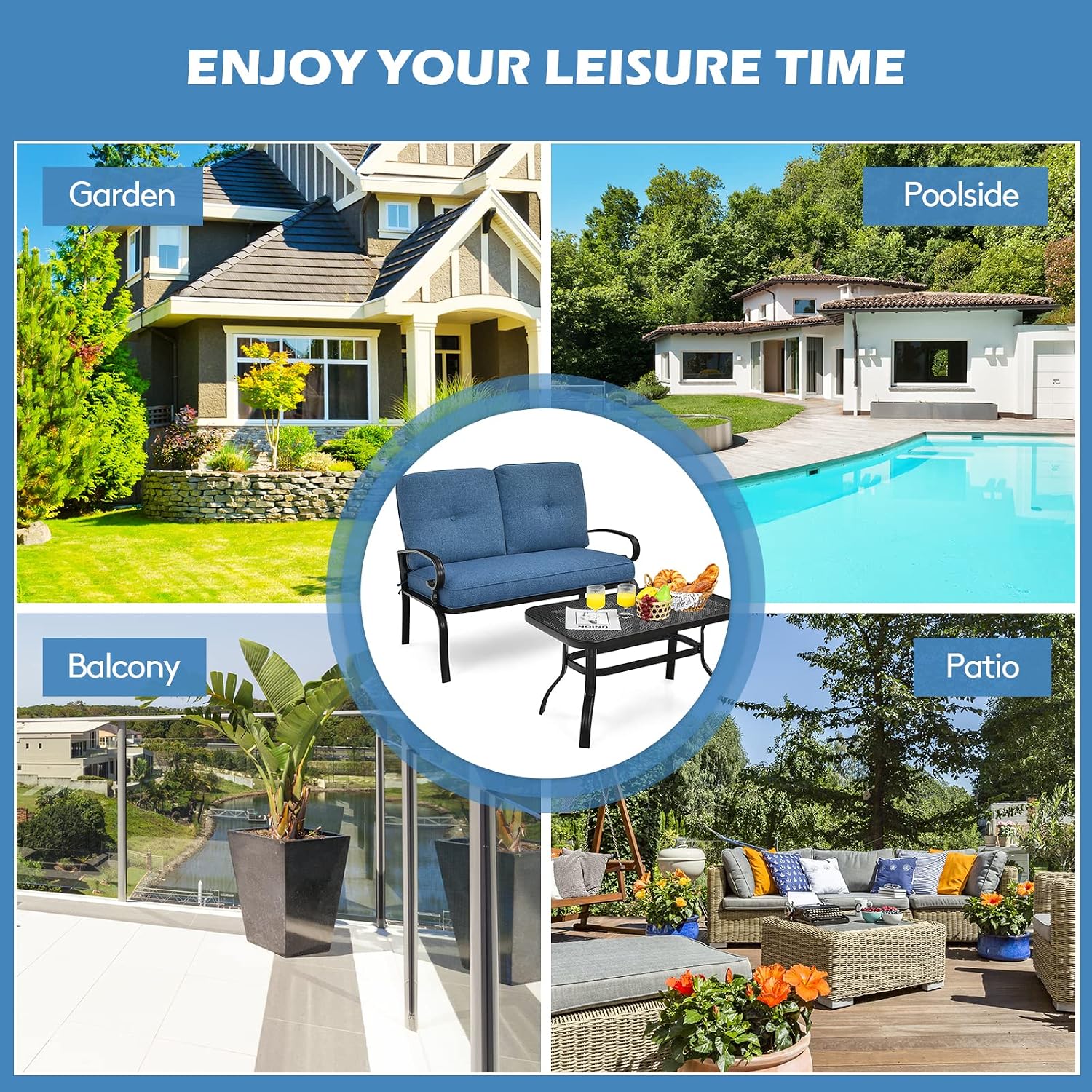 Giantex 2 Pcs Patio Loveseat with Coffee Table Outdoor Bench with Cushion and Metal Frame, Loveseat Furniture Set Sofa for Garden, Yard, Patio or Poolside