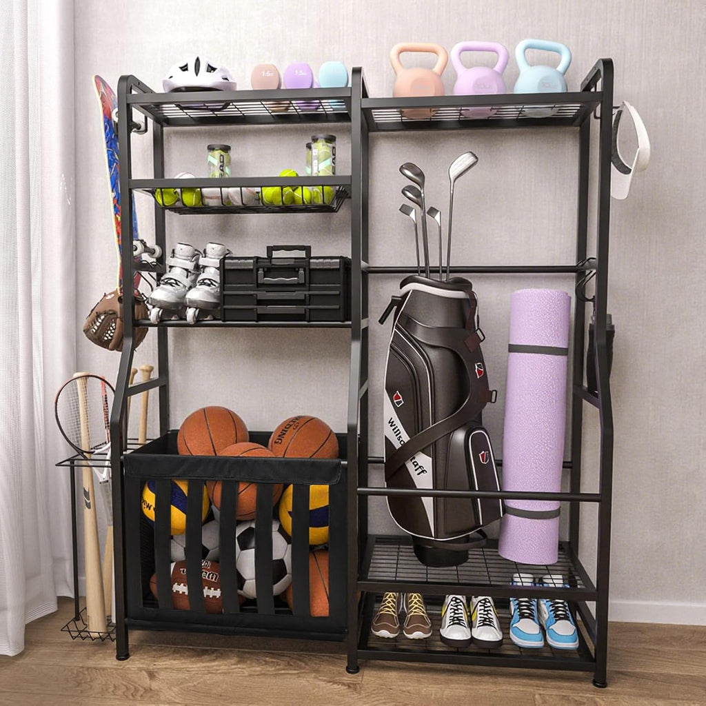 Faesun Garage Sports Equipment Organizer, Golf Bag Storage Rack, Heavy Duty Ball Holder with Basket & Hooks, Indoor/Outdoor Basketball Storage Bins for Toy Sports Gear Storage