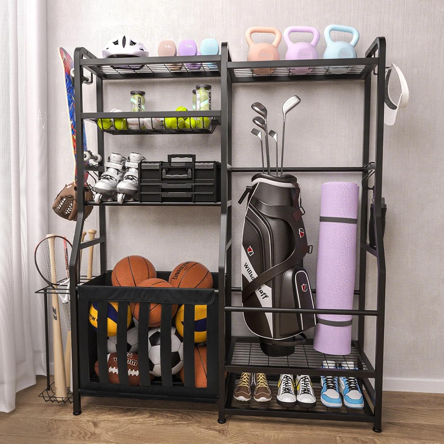Faesun Garage Sports Equipment Organizer, Golf Bag Storage Rack, Heavy Duty Ball Holder with Basket & Hooks, Indoor/Outdoor Basketball Storage Bins for Toy Sports Gear Storage