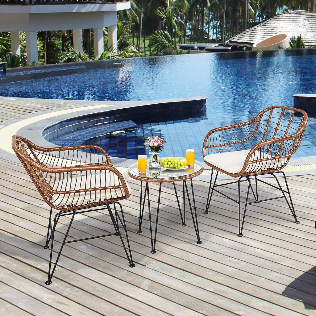 COSTWAY 3 Pieces Patio Bistro Set, Outdoor Rattan Conversation Seating Chair Set with Coffee Table & Soft Cushions, Indoor Wicker Furniture Set for Garden, Balcony, Porch, Pool,Beige