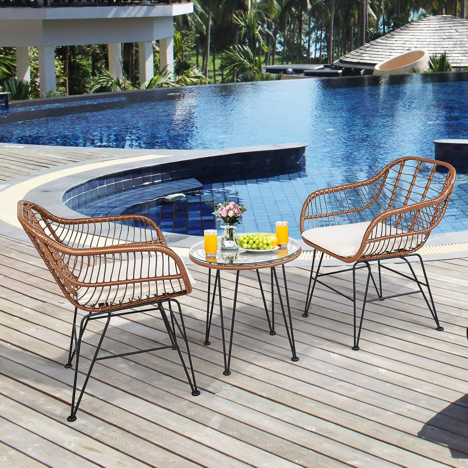 COSTWAY 3 Pieces Patio Bistro Set, Outdoor Rattan Conversation Seating Chair Set with Coffee Table & Soft Cushions, Indoor Wicker Furniture Set for Garden, Balcony, Porch, Pool,Beige