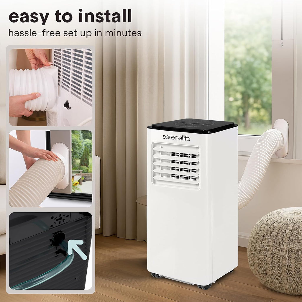 SereneLife 8000 BTU Portable Air Conditioner, Compact 3-in-1 Portable AC for Room Up to 350 Sq Ft with Dehumidifier & Fan Function, Remote Control, Window Mount Kit, Single Duct, 13' x 11' x 26'