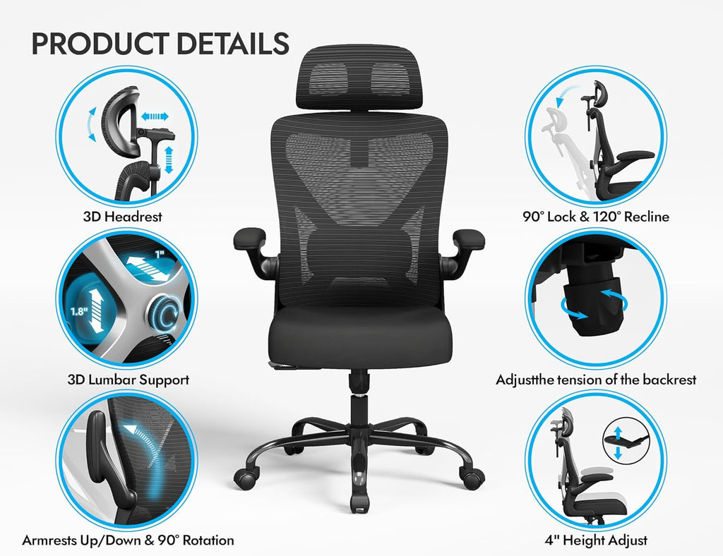Ergonomic Office Chair - X-Shaped Computer Desk Chair Comfy, Gaming Chair, Office Chair with Lumbar Support, Mesh Office Chairs with Headrests, Desk Chair for Long Hours, Black Silver, Pack of 5