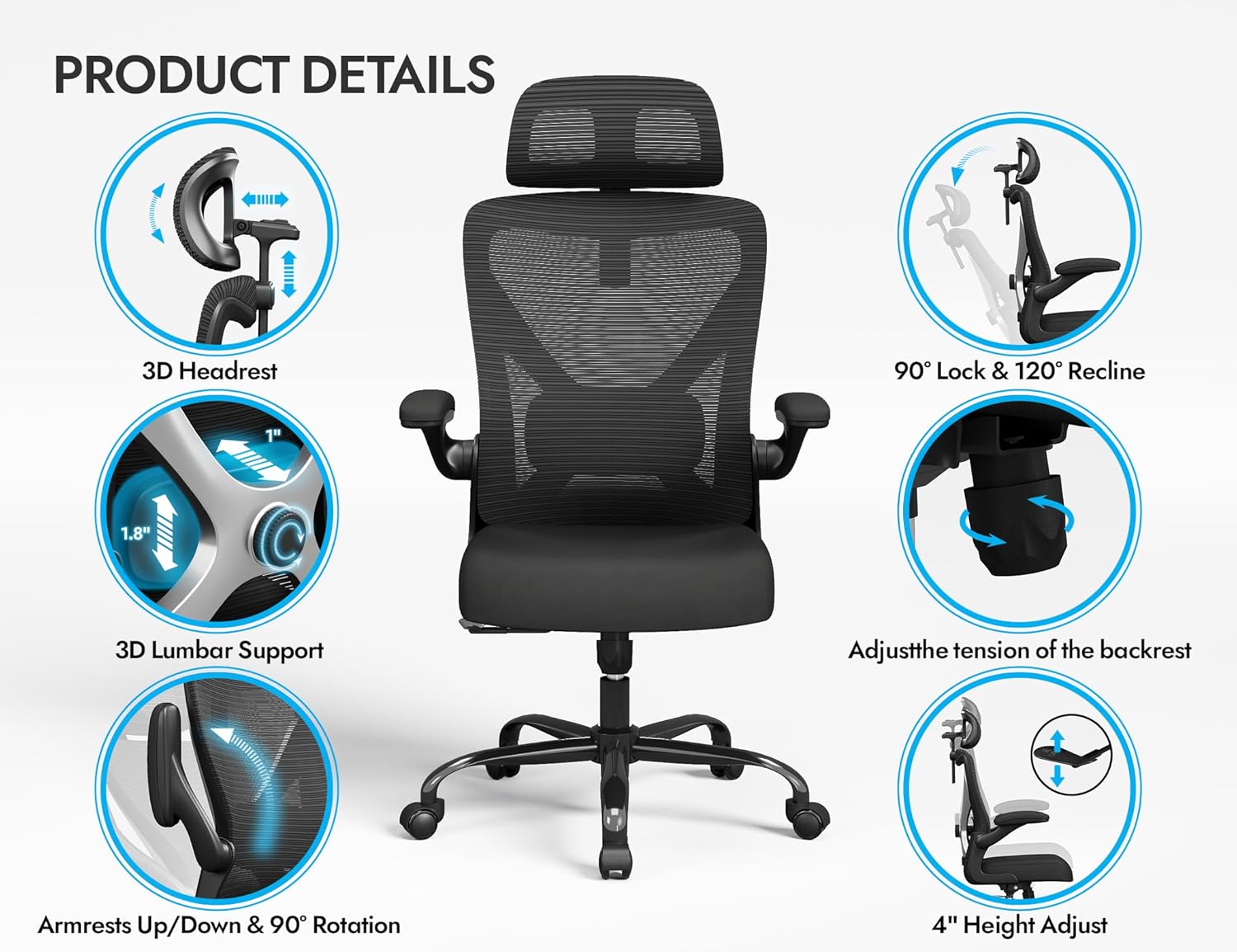 Ergonomic Office Chair - X-Shaped Computer Desk Chair Comfy, Gaming Chair, Office Chair with Lumbar Support, Mesh Office Chairs with Headrests, Desk Chair for Long Hours, Black Silver, Pack of 5