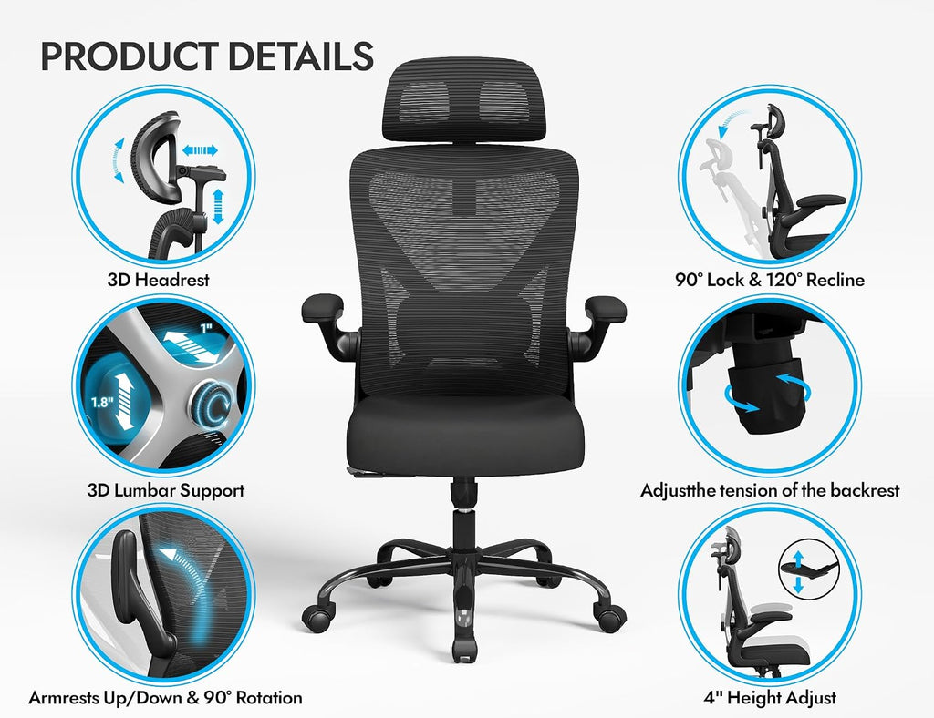 Ergonomic Office Chair - X-Shaped Computer Desk Chair Comfy, Gaming Chair, Office Chair with Lumbar Support, Mesh Office Chairs with Headrests, Desk Chair for Long Hours, Black Silver, Pack of 3