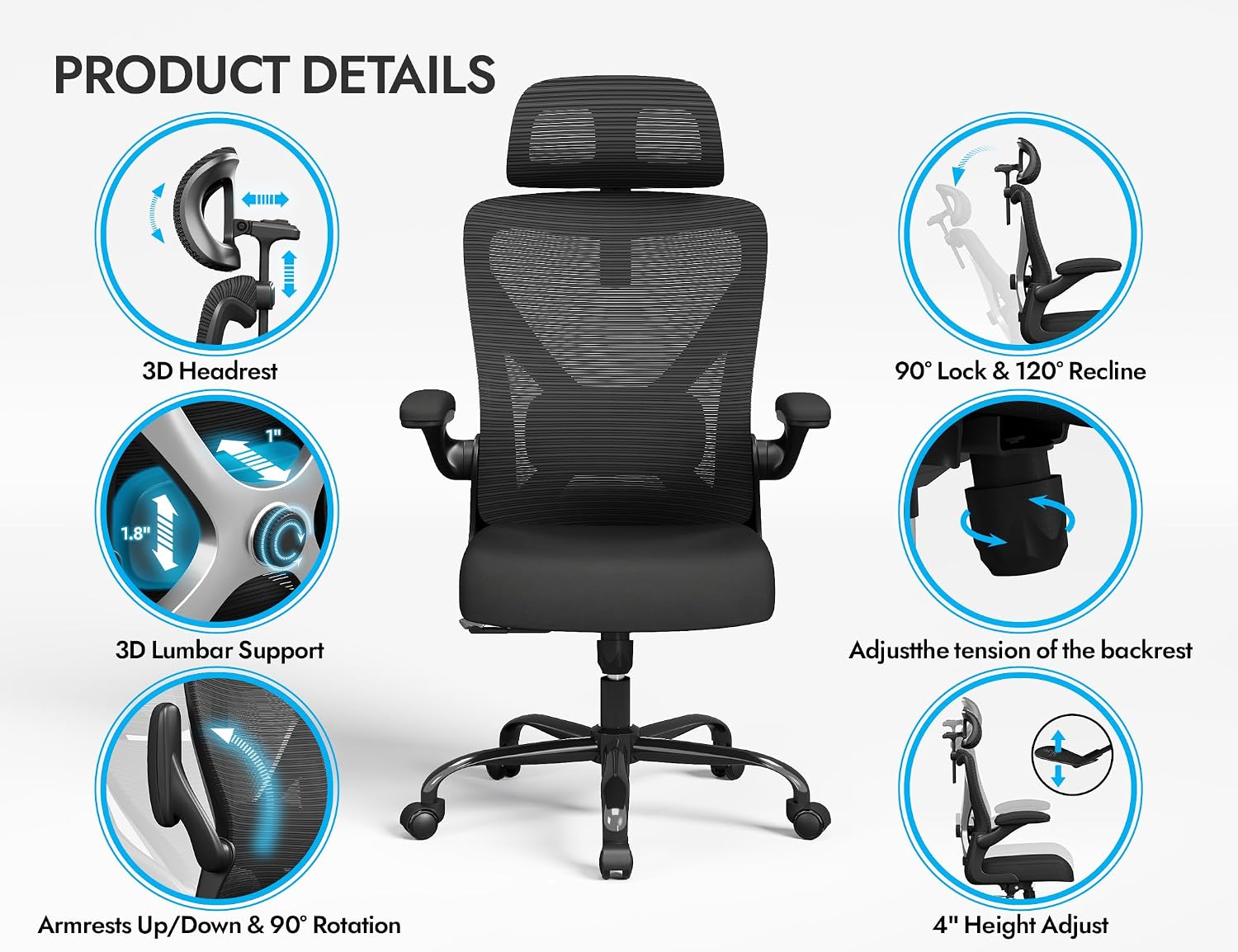 Ergonomic Office Chair - X-Shaped Computer Desk Chair Comfy, Gaming Chair, Office Chair with Lumbar Support, Mesh Office Chairs with Headrests, Desk Chair for Long Hours, Black Silver, Pack of 3