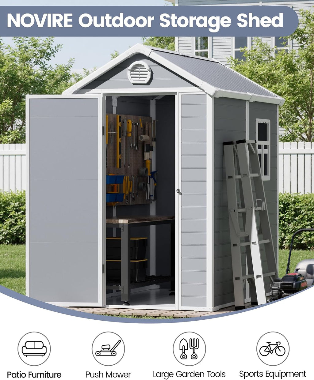 6x4.5 FT Plastic Sheds & Outdoor Storage, UV Resistant Storage Sheds Outdoor with Floor and Window, All-Weather Garden Resin Tool Shed for for Garden，Patio，and Utility Storage（Light Grey）