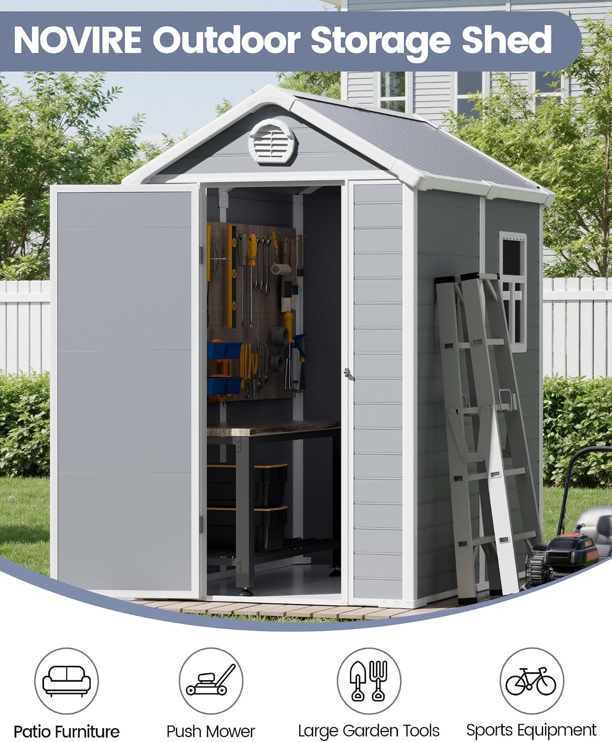 6x4.5 FT Plastic Sheds & Outdoor Storage, UV Resistant Storage Sheds Outdoor with Floor and Window, All-Weather Garden Resin Tool Shed for for Garden，Patio，and Utility Storage（Light Grey）